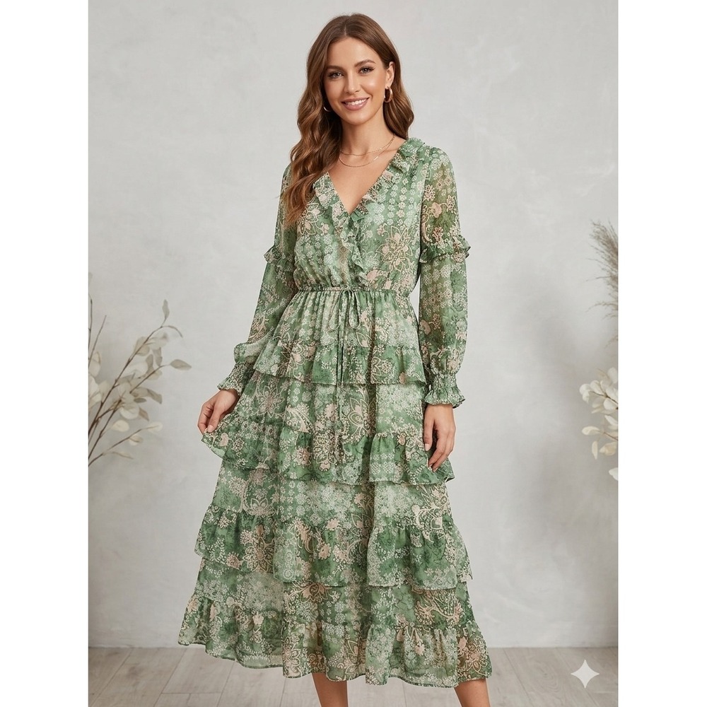 Fate Green Paisley Floral Tiered Midi Dress Lurex Shimmer Ruffle V-Neck NWT M